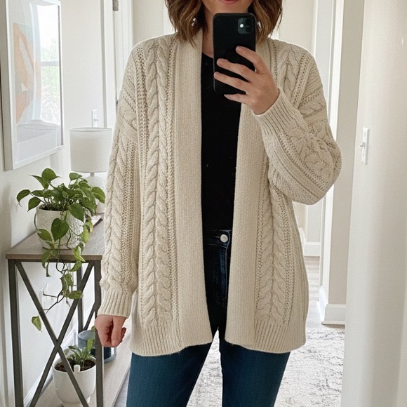 GAP Womens Cardigan L Cable Knit Shawl Collar Wool Blend Open Front - Picture 5 of 9